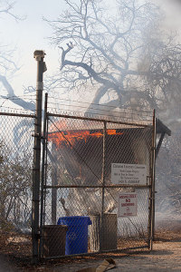The kiosk burning in the Foothill Fire, September 11, 2013. Steven Felschundneff. Used with permission of the Claremont Courier.