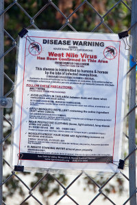 West Nile Virus warning sign on the BFS gate placed by the San Gabriel Valley Mosquito and Vector Control. Nancy Hamlett.