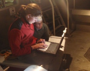 Kristen and Dani attempted to download data from our CTD onto our awesome, waterproof labtop. 