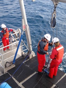  Bridge View! Kristen and Augie prepare to cast the CTD into the ocean on one of our many stations. 