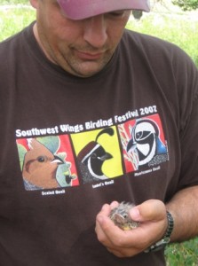 John holding a just-banded Western meadowlark chick. Note the pin feathers (the small feathery tufts sticking out of prominent shafts).